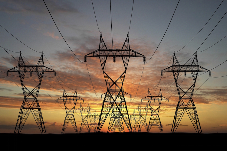 3D Electric powerlines over sunrise